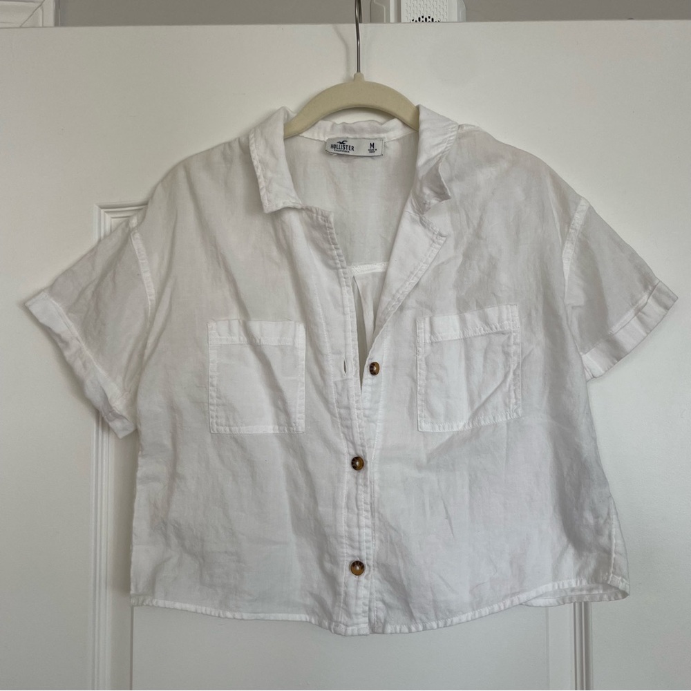 Hollister Button Up Short Sleeve Size M 100% Cotton White Casual Beach Natural